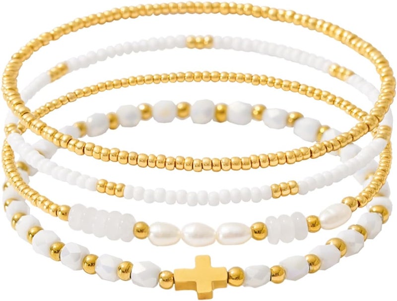 Pymach Store Dainty Gold Plated Pearl Crystal Beaded Bracelets Set for Women 14K Gold Plated Bead Pearl Beads Bracelet Stackable Paperclip Link Chain Bracelets Gold Plated Bracelets for Women Trendy Jewelry - Image 1